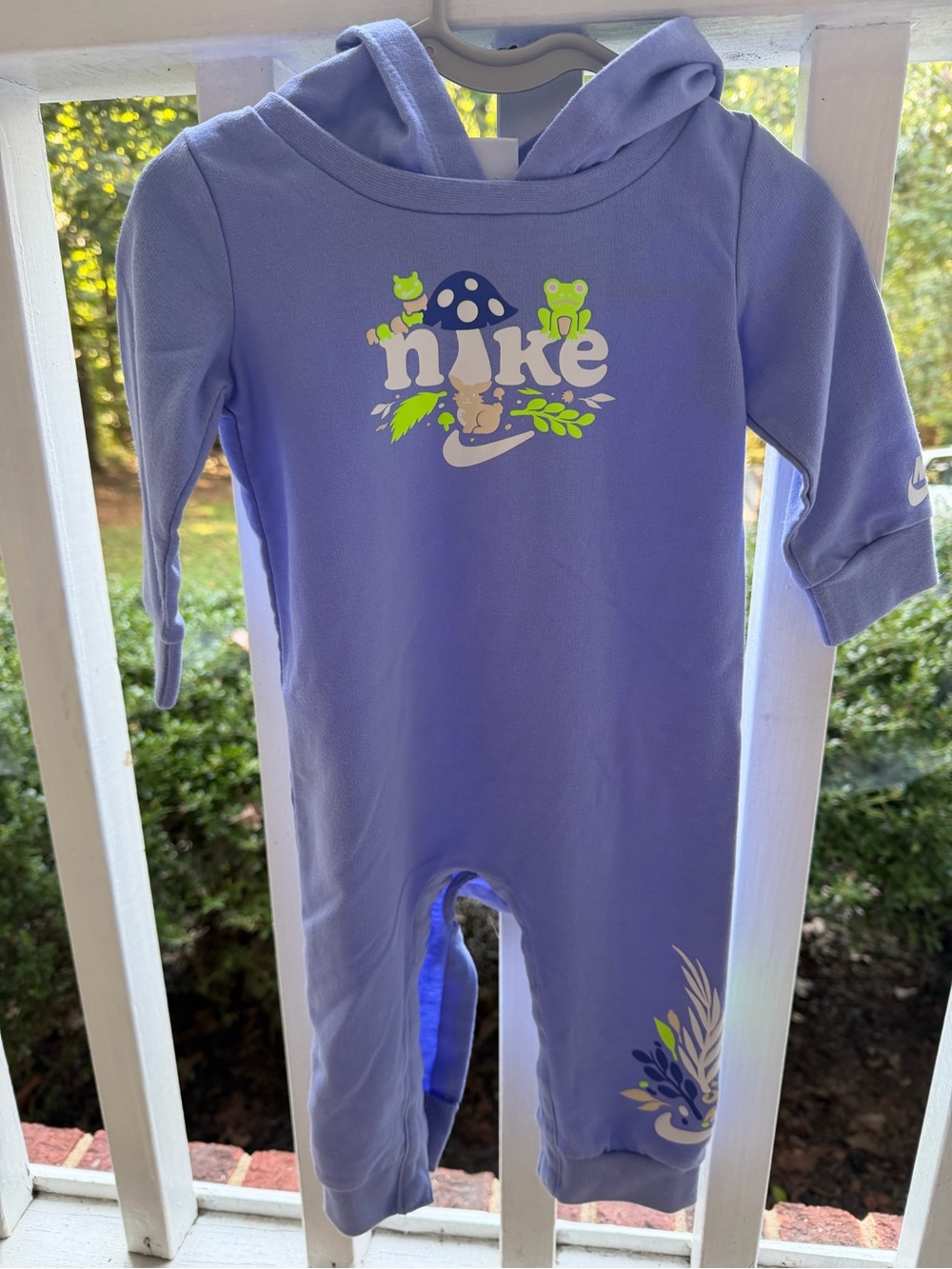 Nike Lavender Hooded Baby Romper with Frog & Mushroom Graphic